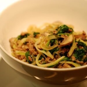 A bowl of the paleo approved stir fried kelp noodles with ground beef, broccoli slaw, and spinach recipe.