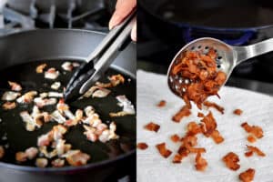 On the left, tongs are pushing bacon bits in a cast iron skillet. On the right, a slotted spoon is putting crispy bacon bits on a paper towel.