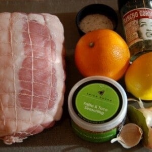 All the ingredients for Whole30 and paleo slow braised pork leg with citrus and fajita seasoning recipe.