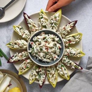 An overhead shot of a platter of endive spears filled with simple crab salad