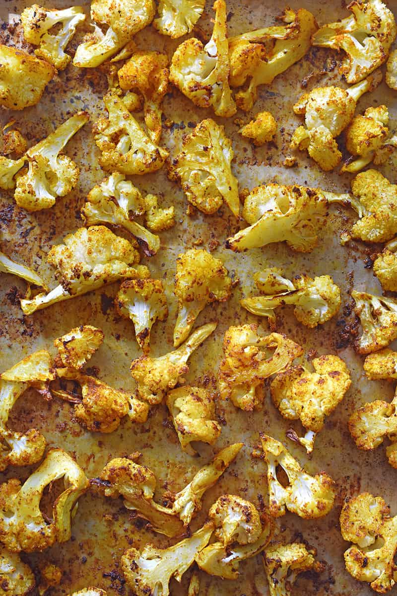 An overhead shot of Roasted Curried Cauliflower fresh from the oven.