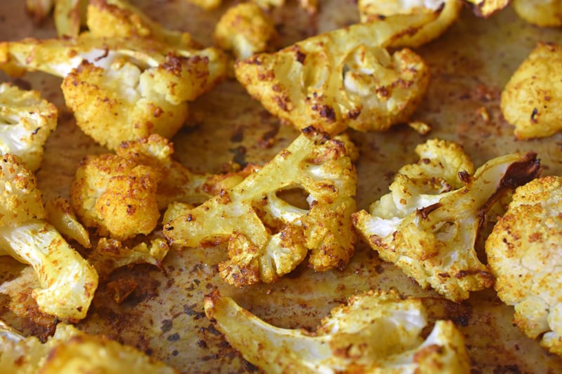 A side view of Roasted Curried Cauliflower ready to eat.