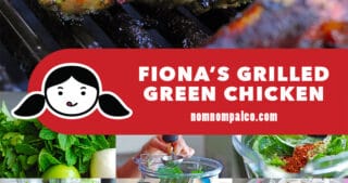 A collage of the cooking steps to make the best paleo and Whole30-friendly grilled chicken, Fiona's Grilled Green Chicken.