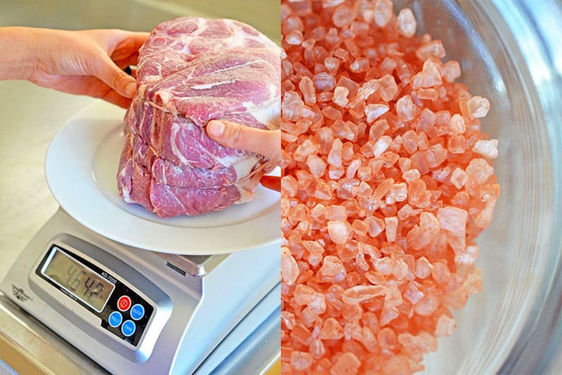 Weighing a pork shoulder roast and a closeup of Hawaiian Red alaea salt on the right.