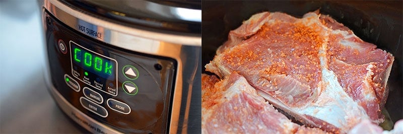 On the left, a slow cooker is shown and on the right is seasoned pork shoulder roast inside the slow cooker 