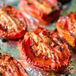Tray of oven-roasted tomatoes.