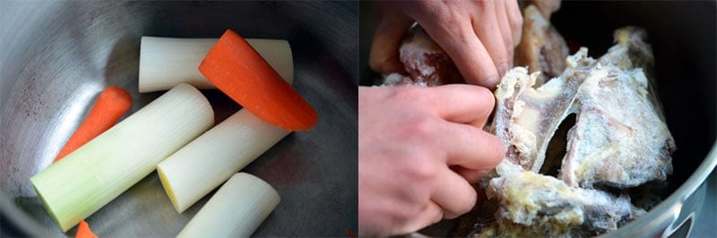 The inside of a pressure cooker filled with raw carrot pieces and leeks. The image on the right has someone adding frozen chicken bones to the pressure cooker. 
