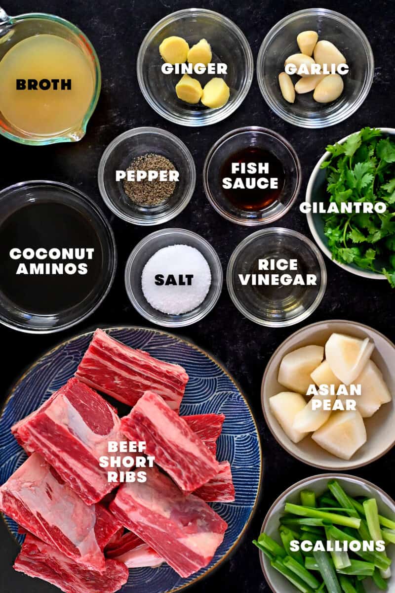 An overhead shot of the prepped raw ingredients for slow cooker Korean short ribs.