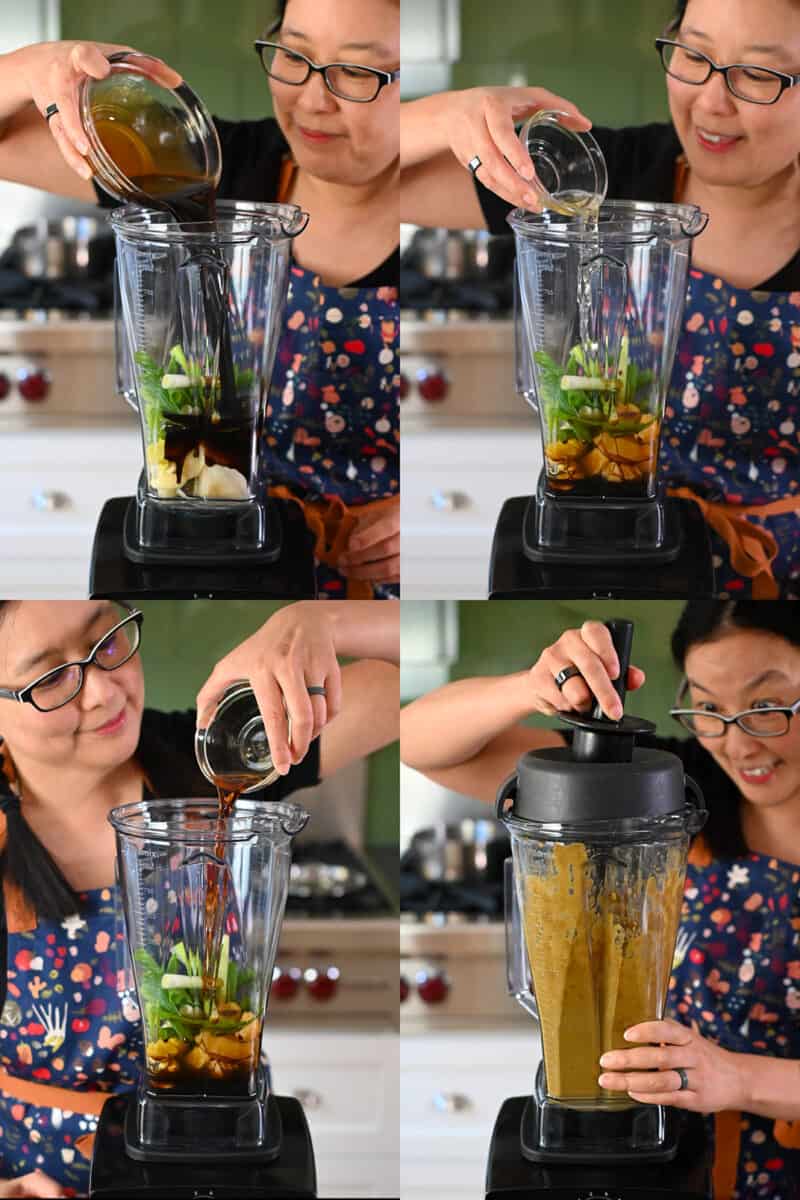 Four pictures of an Asian woman making the Korean Short Ribs marinade in a Vitamix blender.