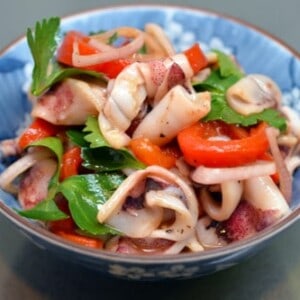 Bowl of grilled calamari with roasted peppers.