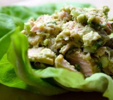 Butter lettuce used as a wrap around a mix of tuna and avocado.