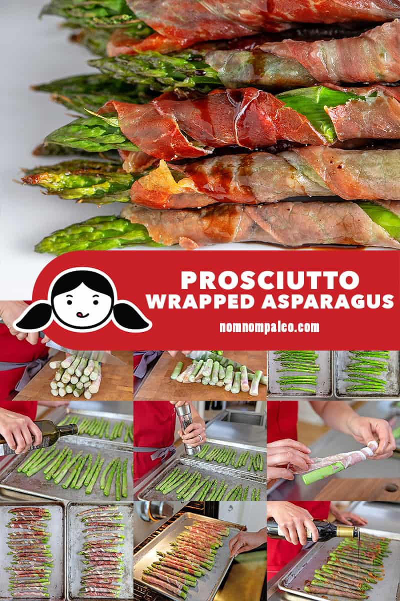 A closeup of Broiled Prosciutto-Wrapped Asparagus Spears on a white platter.