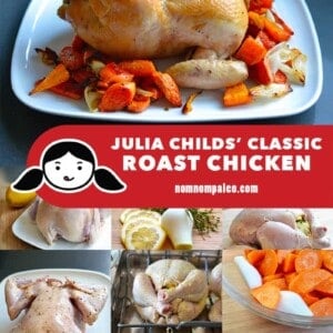 A collage of the cooking steps for Julia Child's classic roast chicken recipe