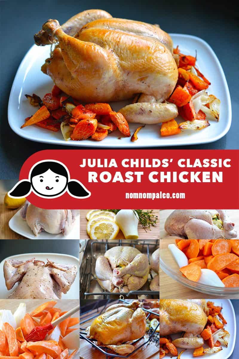 A collage of the cooking steps for Julia Child's classic roast chicken recipe 