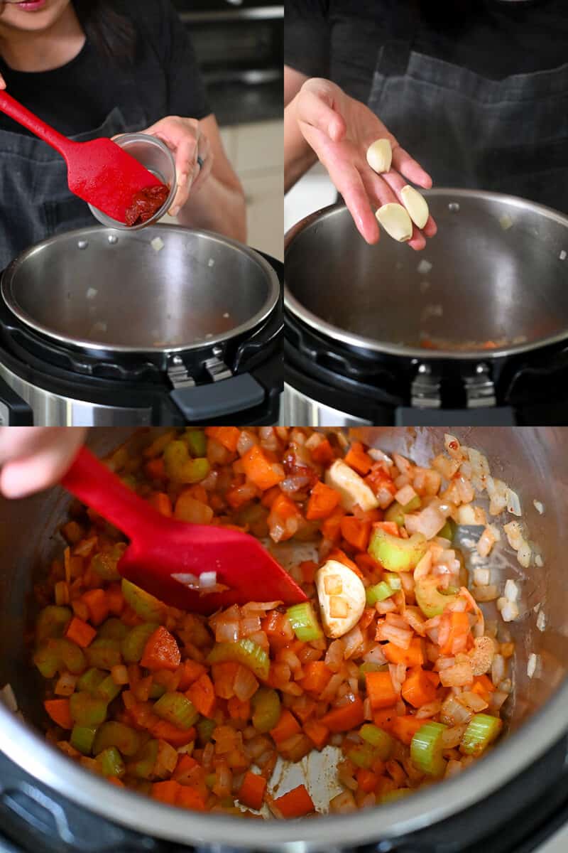Adding tomato paste and garlic into an Instant Pot with diced carrots, onions, and celery inside,