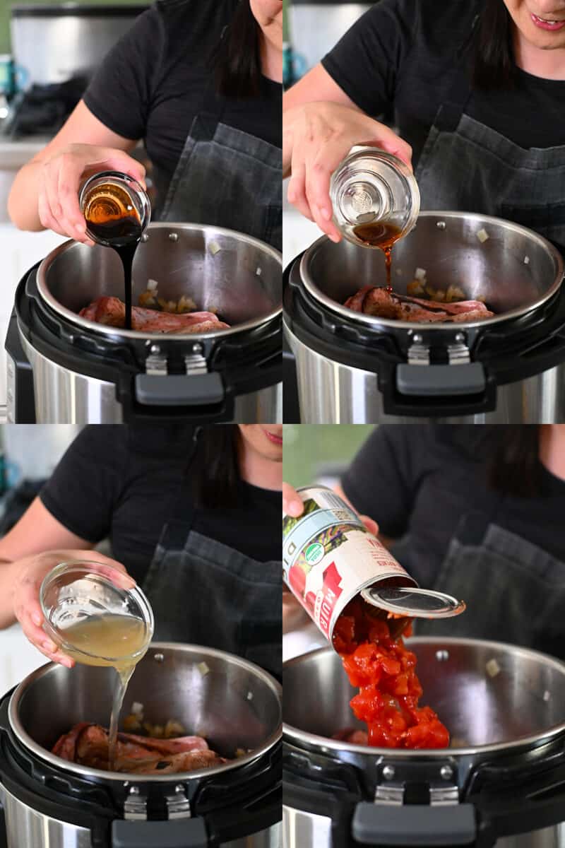 A series of photos that show someone adding balsamic vinegar, fish sauce, broth, and tomatoes to an open Instant Pot.