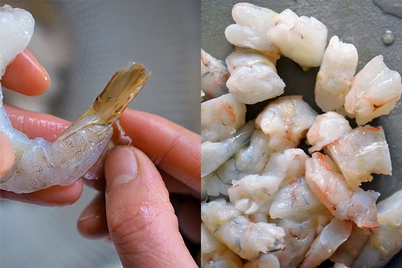 Hand-peel the shells of the shrimp.