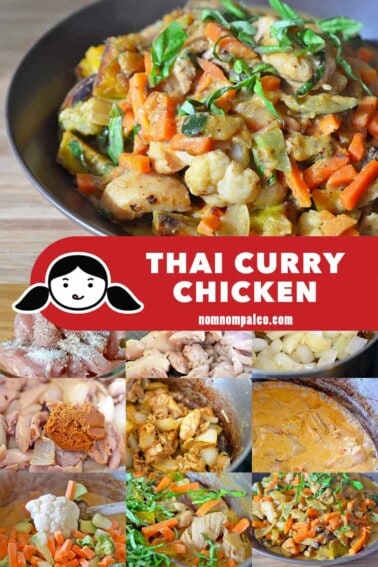 A collage of the cooking steps for paleo Thai Curry Chicken, a quick and easy healthy Asian meal.
