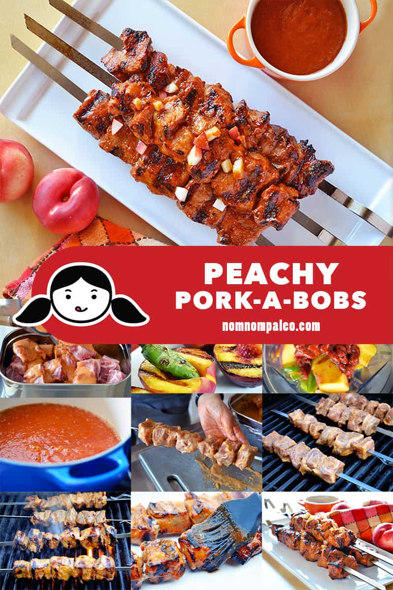 A collage of the cooking steps to make Whole30 pork kabobs with spicy peach barbecue sauce.