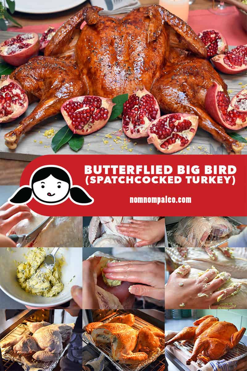 A roasted spatchcock turkey is on a cutting board with pomegranates around it.