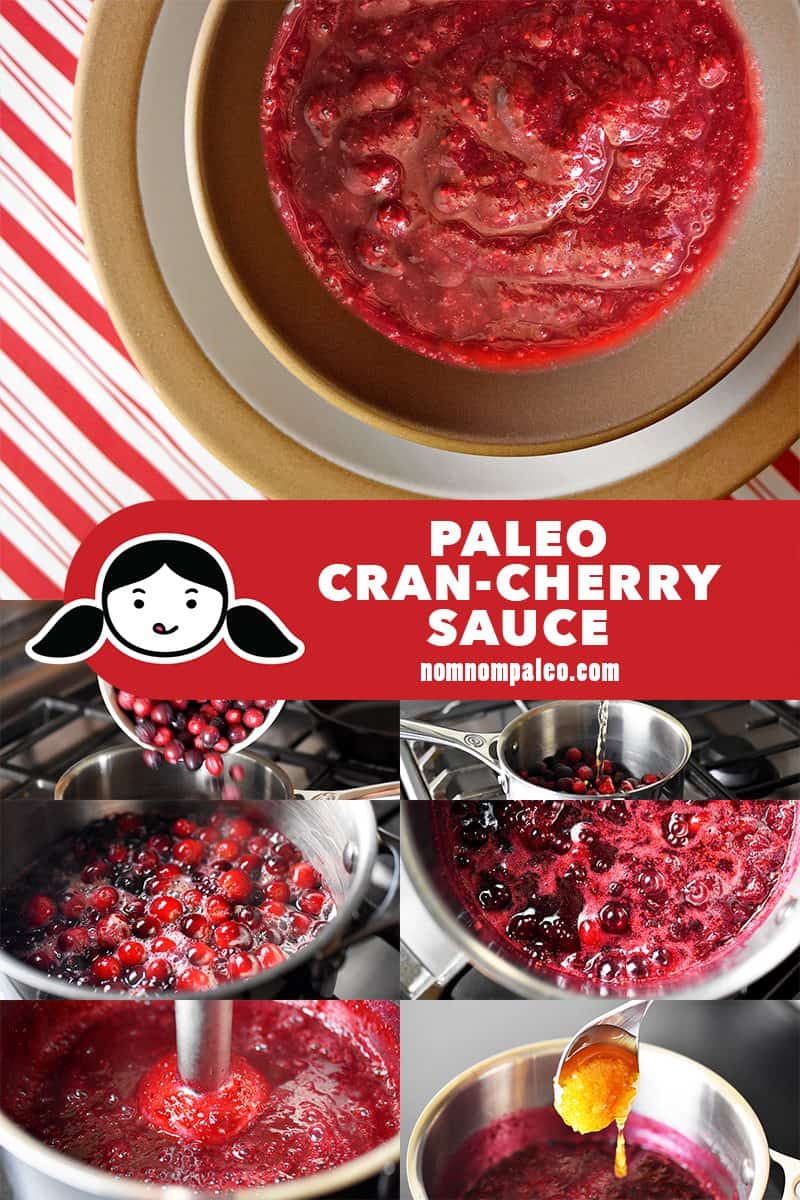 A collage of cooking steps for paleo cran-cherry sauce.