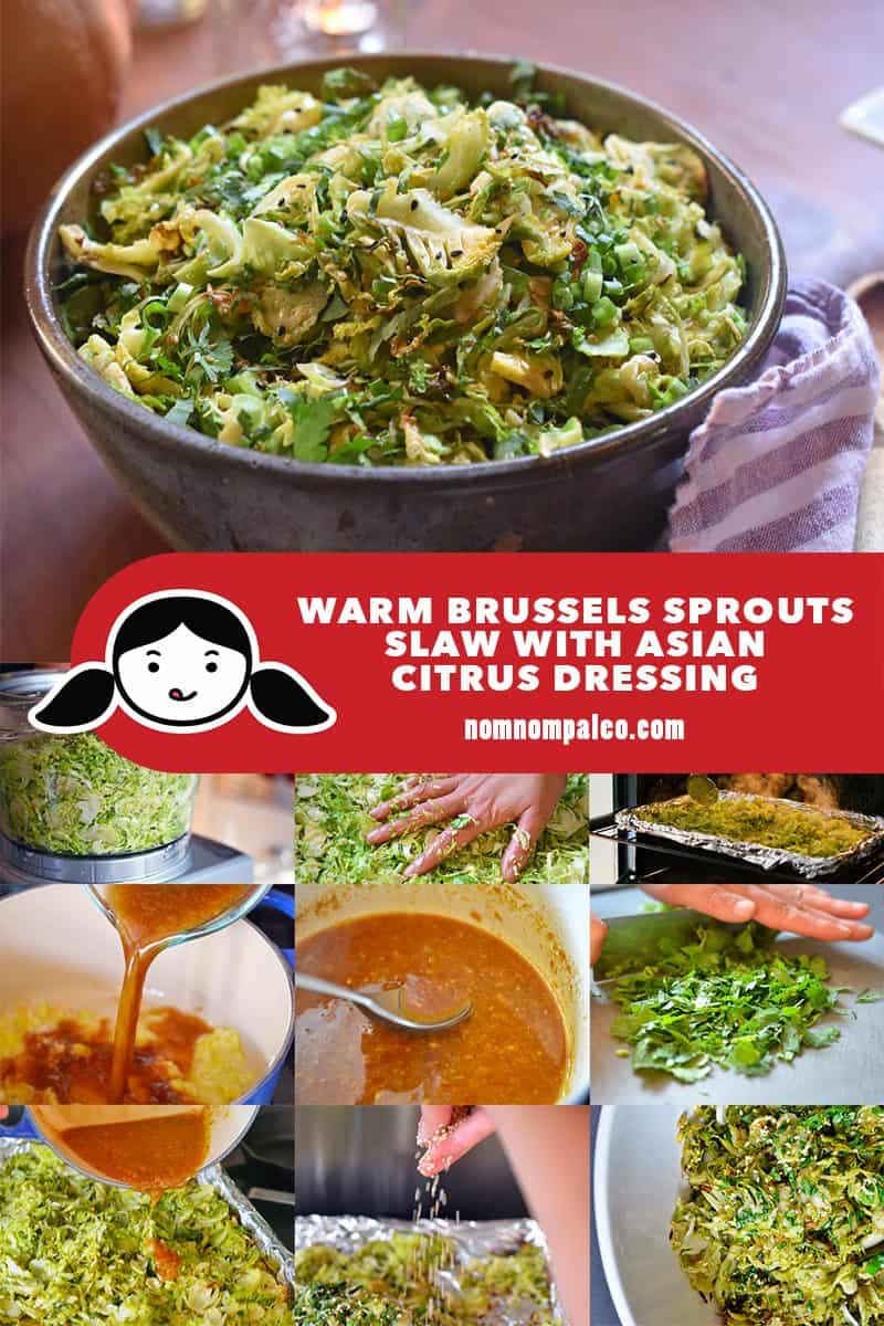 A collage of the cooking steps for Warm Brussels Sprouts Slaw with Asian Citrus Dressing