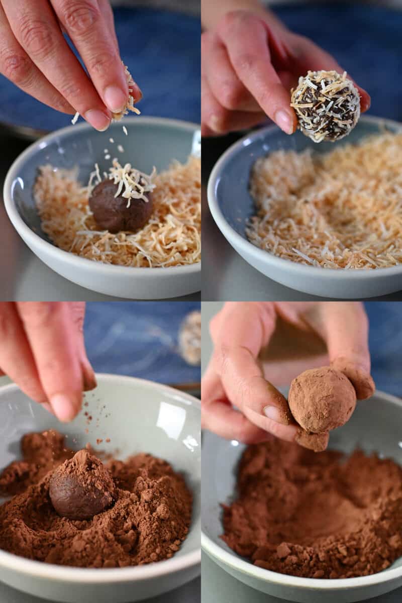 Four shots showing paleo and vegan truffles being coated in toasted shredded coconut or unsweetened cocoa powder.