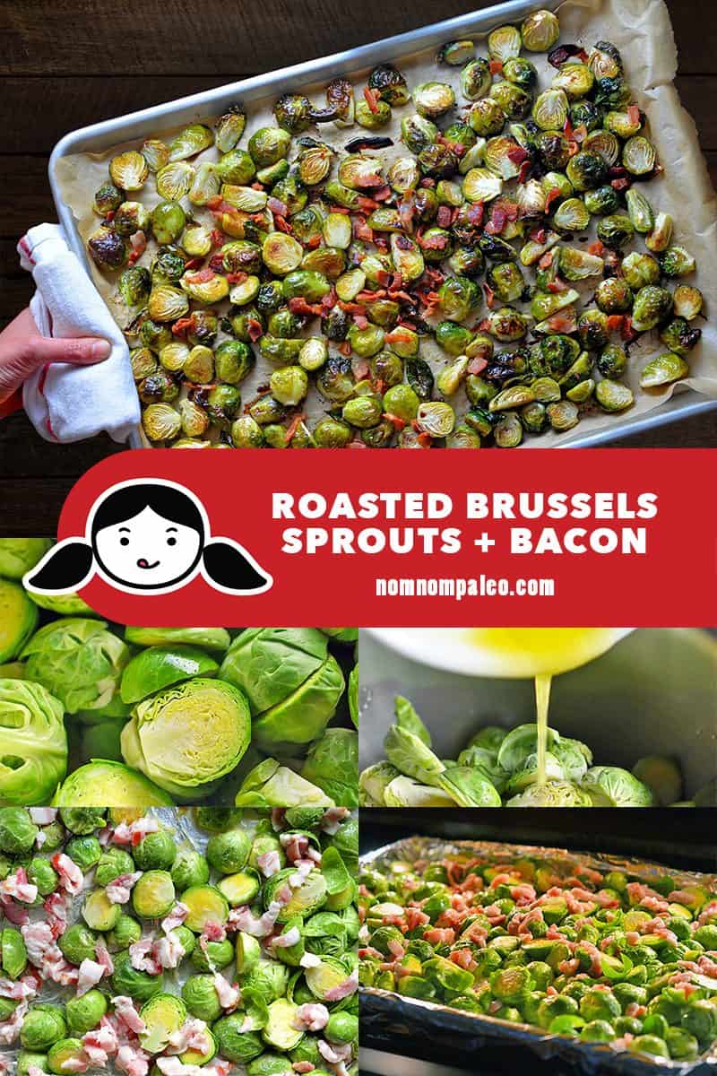 A collage of the cooking steps for roasted brussels sprouts and bacon