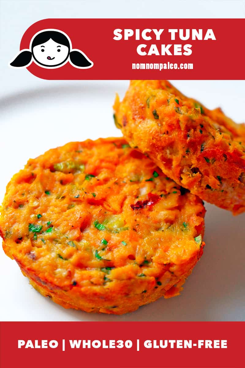 Two spicy tuna cakes on a white plate. There is a red banner on the photo that says paleo, Whole30, and gluten-free.