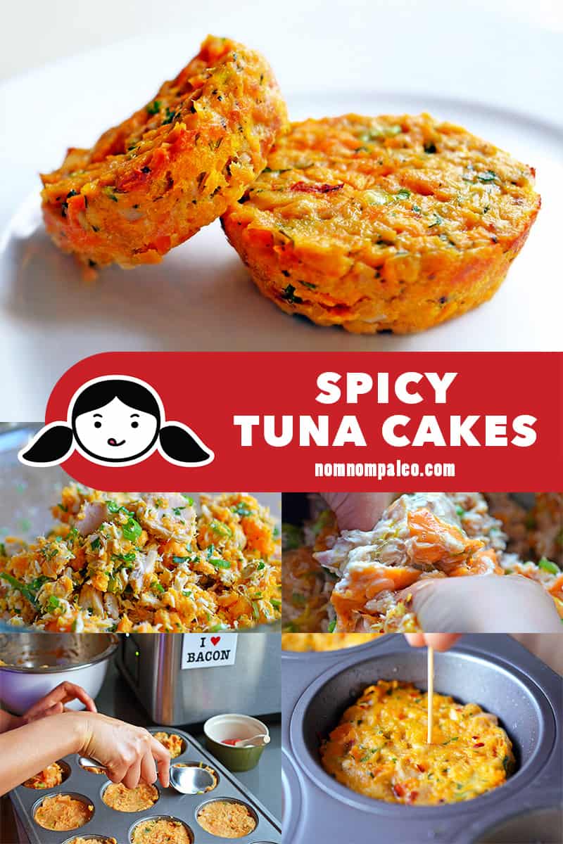 A collage of the cooking steps to make Spicy Tuna Cakes, a classic Nom Nom Paleo recipe.