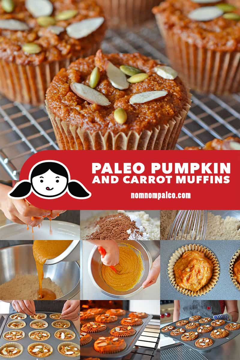 A collage of the cooking steps to make paleo pumpkin and carrot muffins, a healthy fall treat.