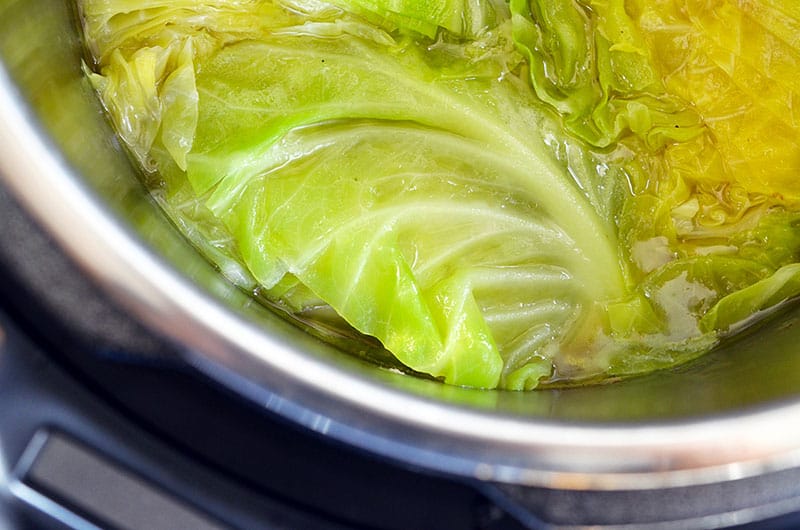 An overhead shot of the Instant Pot with cooked cabbage inside