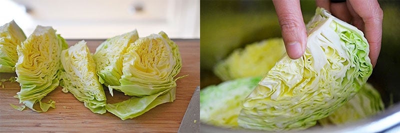 Sliced raw cabbage is added to the Instant Pot.