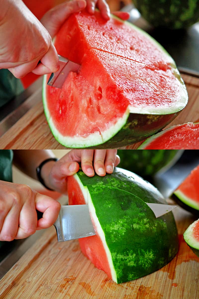 Cutting the watermelon skin off of a cut seedless watermelon