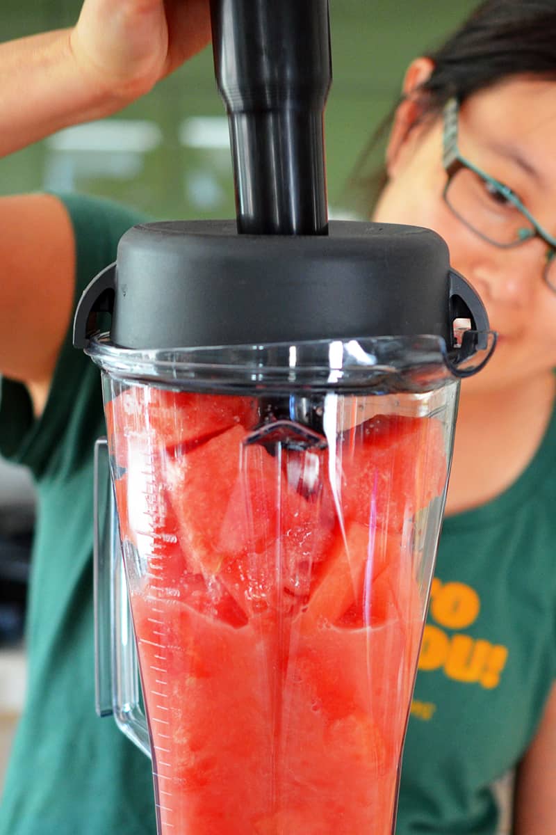 Blending watermelon cubes in a Vitamix blender to make watermelon juice.
