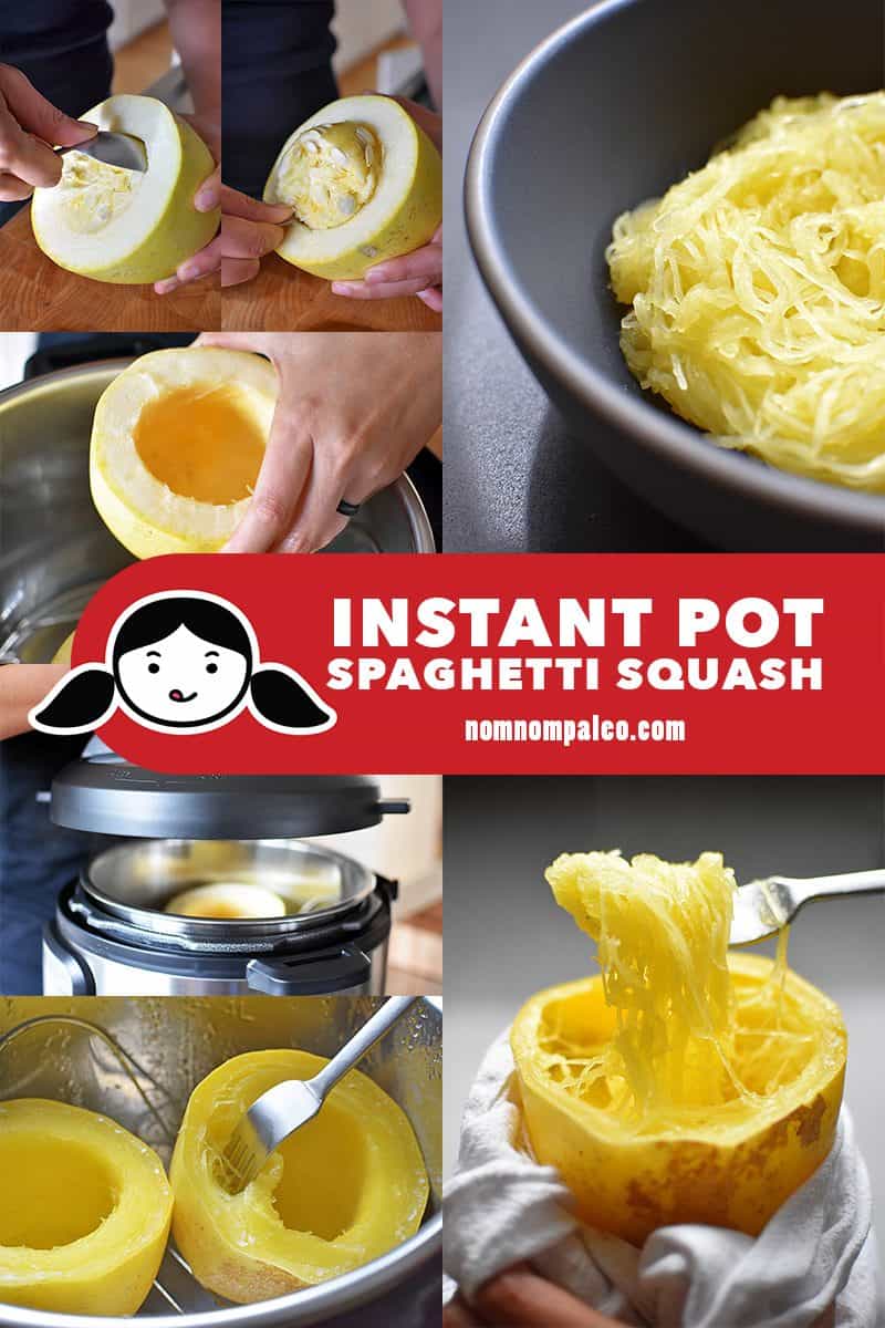 A collage of the cooking steps to make Instant Pot Spaghetti Squash, squash in the pressure cooker.