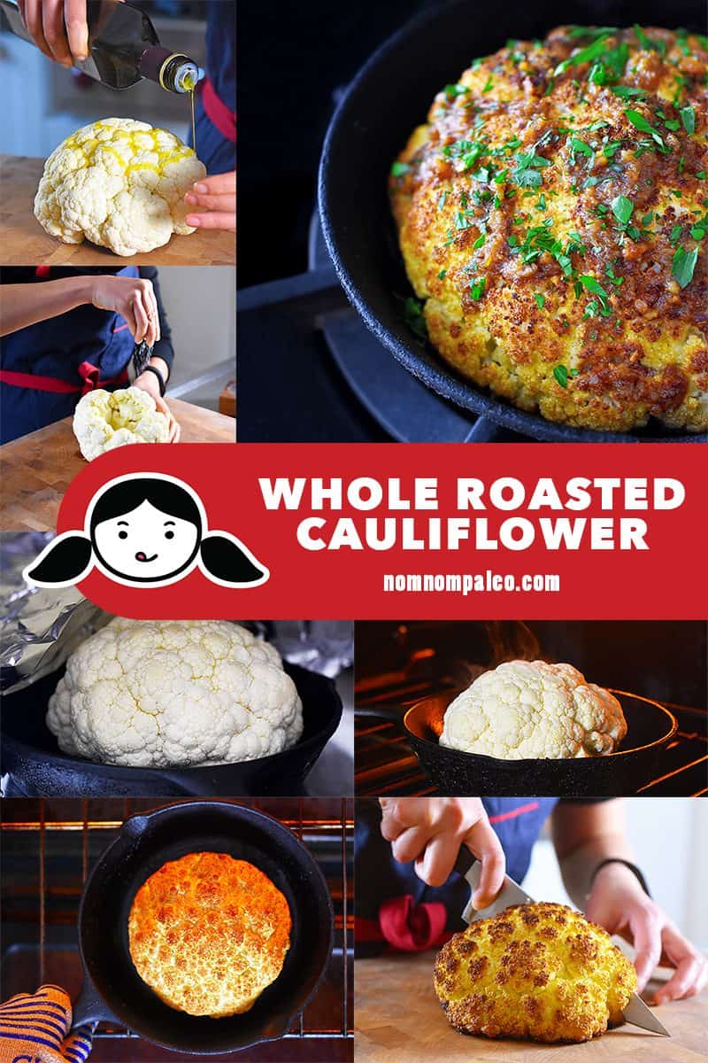 A collage of the cooking steps to make Whole roasted cauliflower.