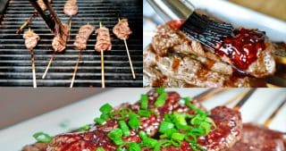 A collage of the cooking steps to make paleo Smashed Steak Skewers with Cherry Barbecue Sauce