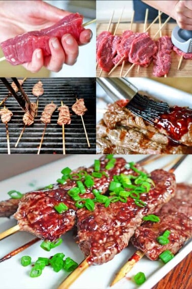 A collage of the cooking steps to make paleo Smashed Steak Skewers with Cherry Barbecue Sauce