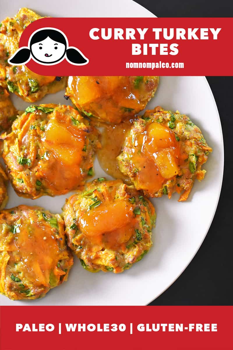 An overhead shot of Curry Turkey Bites with Apricot Ginger Sauce on a white plate. There is a red banner that states the dish is paleo, Whole30, and gluten-free.