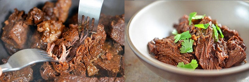 Two shots of fork tender Pressure Cooker Mocha-Rubbed Pot Roast