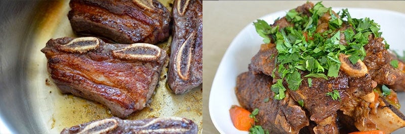 Two shots of pressure cooker porcini and tomato beef short ribs