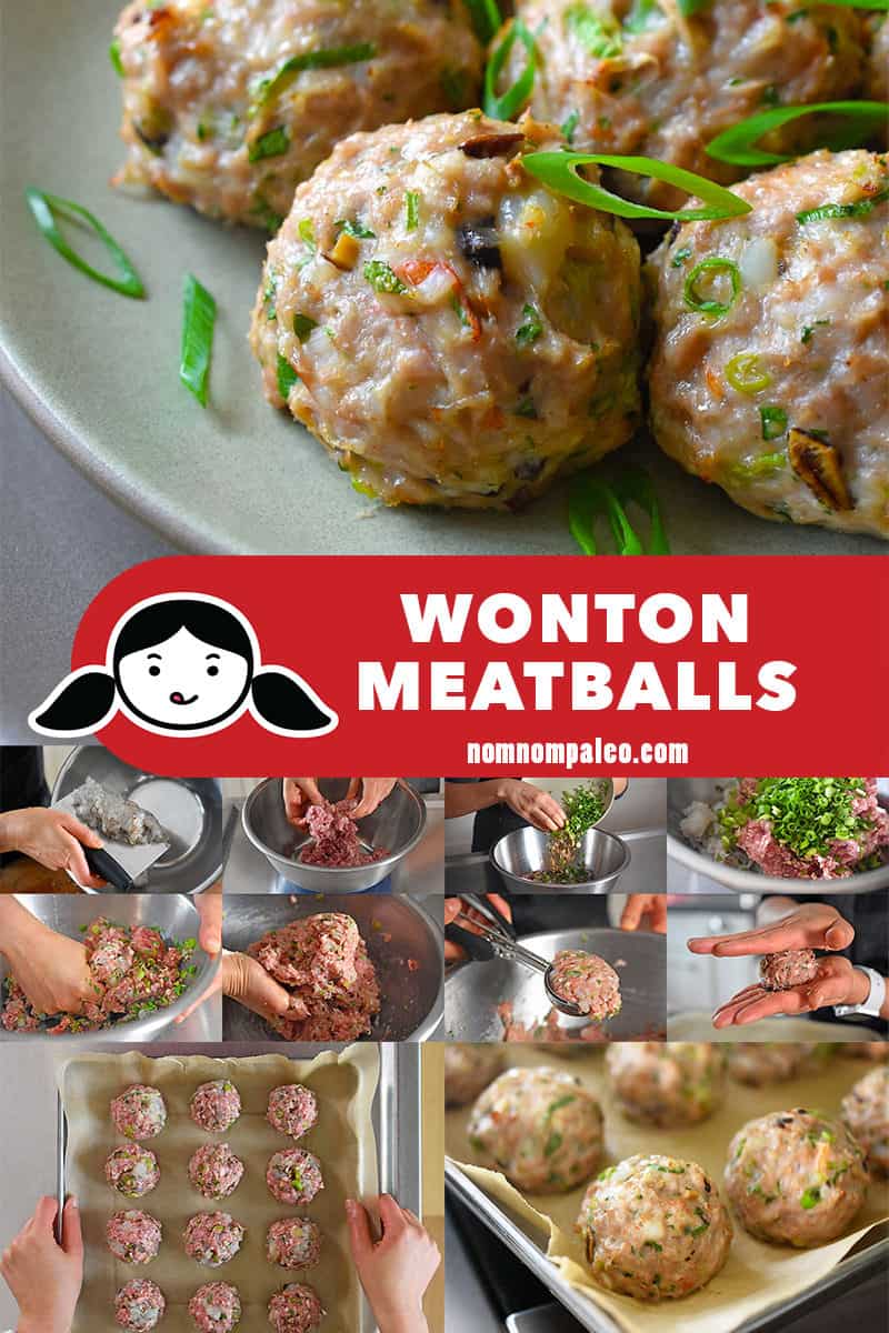 A collage of the cooking steps to make Wonton Meatballs.