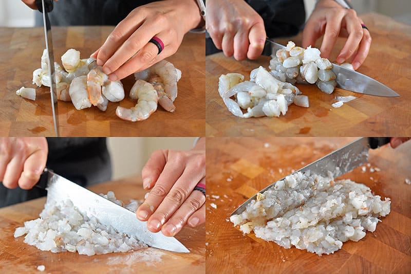 Four shots of someone chopping shrimp into a paste.