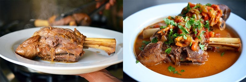 Two shots of a plates filled with pressure cooker lamb shanks
