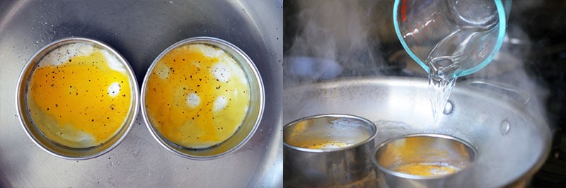 Adding water to the pan to steam-fry the eggs for a paleo sausage egg McMuffin
