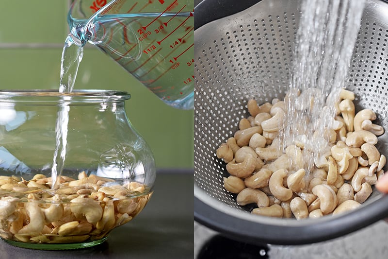 Pouring water in a bowl with cashews to soak them.