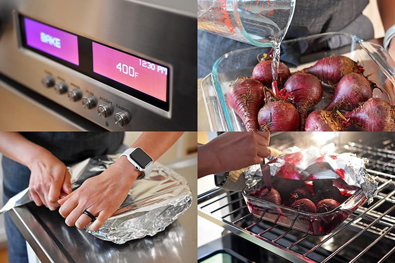 Step by step visual instructions on how to roast beets in the oven.