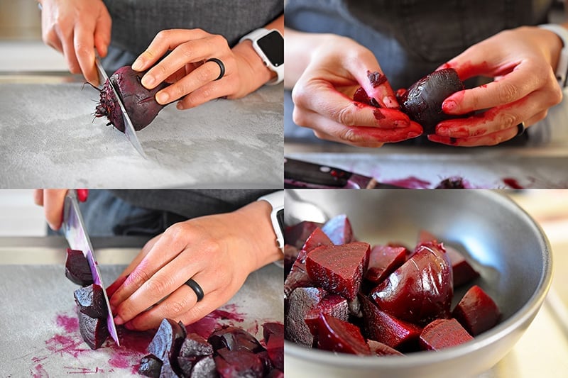 Someone slicing and peeling roasted beets for beet hummus.