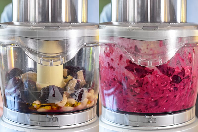 All the ingredients for beet hummus in a food processor before and after.